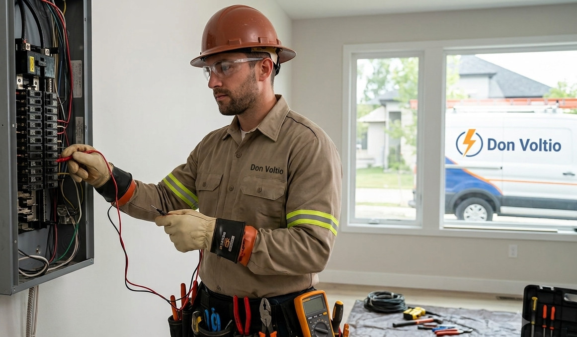 Electricista revisando de manera profesional un tablero eléctrico dentro de una vivienda, con herramientas ordenadas